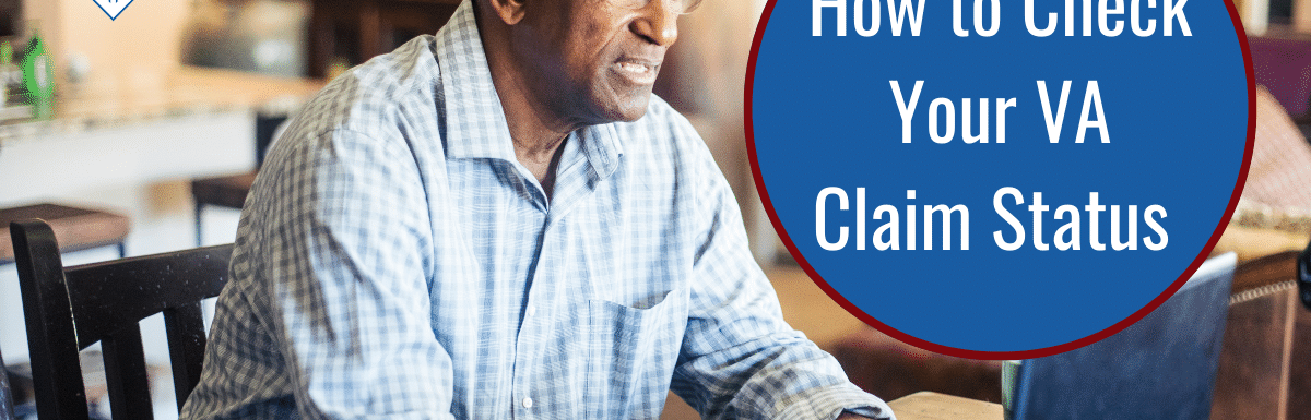 A man in a light blue plaid shirt with glasses and white hair sits at a table, using a laptop. Over the image is a blue circle reading the article title: How to check your VA claim status