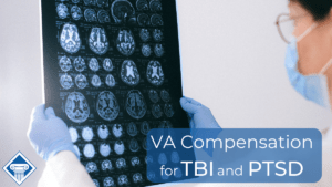 Doctor holding an MRI scan of brain images. Article title is on the right; VA compensation for TBI and PTSD