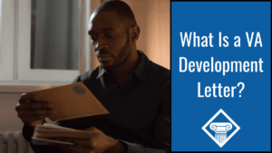 Photo of a man sitting in a dark room reading a letter. Article title is to the right: What is a VA development letter?