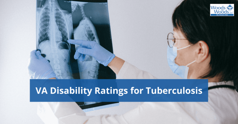 Image of a doctor pointing and looking at an X-ray of lungs. Our title is VA Disability Ratings for Tuberculosis and the Woods and Woods logo is in the upper right corner.