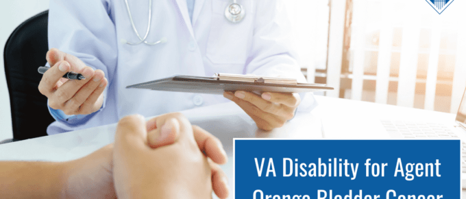 Picture of a doctor sitting across the table from someone with their hands crosses. Article title in the bottom right corner: VA Disability for Agent Orange Bladder Cancer