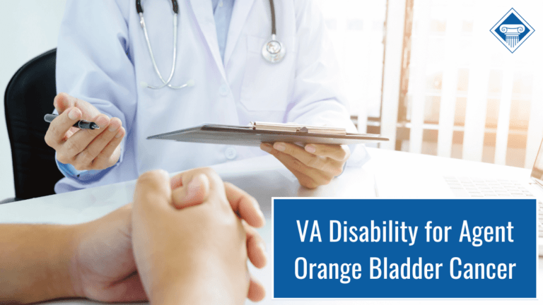Picture of a doctor sitting across the table from someone with their hands crosses. Article title in the bottom right corner: VA Disability for Agent Orange Bladder Cancer