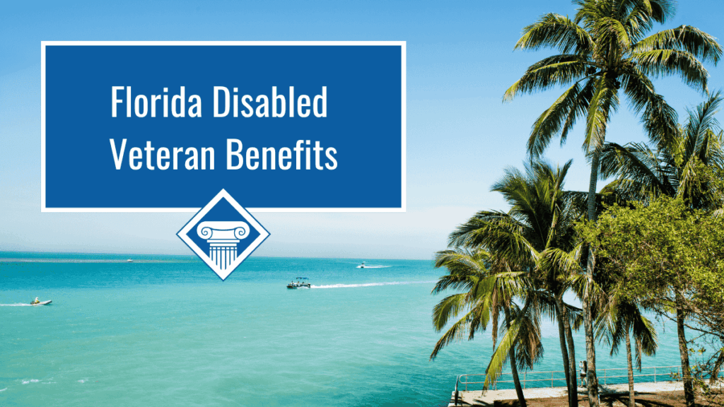 An image of blue green ocean water with boats on it and palm trees on the shore. Over the image is a blue box reading the article title: Florida Disabled veterans benefits