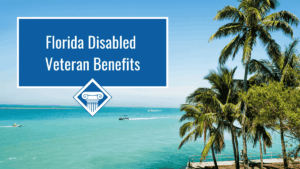 An image of blue green ocean water with boats on it and palm trees on the shore. Over the image is a blue box reading the article title: Florida Disabled veterans benefits