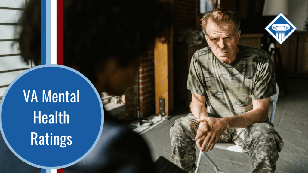 A man in camo sits in a folding chair looking unhappy and facing a mental health professional, who has their back turned to the camera. Over the image is the Woods & Woods logo and a blue bubble with stripes reading the article title: VA Mental Health Ratings
