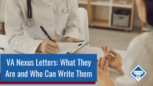 A woman in white sits across from a doctor who is taking notes while she talks. Over the image is the Woods and Woods logo and the article title: VA nexus letters: What they are and who can write them