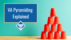 Orange cups are stacked into a pyramid shape against a turquoise wall. Over the image is a blue box reading the article title: VA pyramiding explained