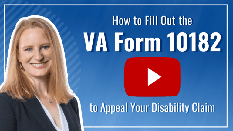 Picture of a female lawyer with long blonde hair and a black suit jacket. Article title to the right: How to Fill Out the VA Form 10182 to Appeal Your Disability Claim. Youtube play button in the middle of image.