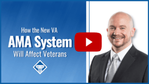 On the right is a man in a suit, smiling. In the middle there is a red Youtube play button, and on the left is the article title: How the new VA AMA system will affect veterans