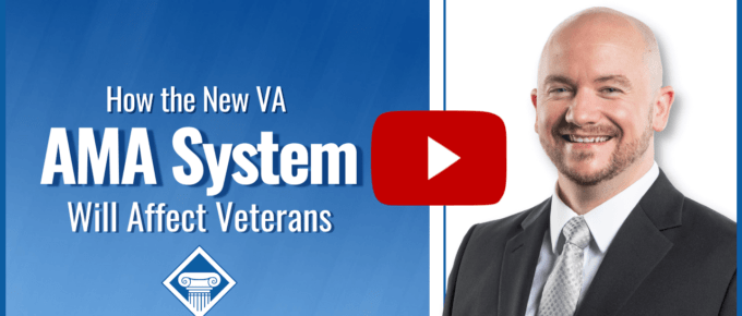 On the right is a man in a suit, smiling. In the middle there is a red Youtube play button, and on the left is the article title: How the new VA AMA system will affect veterans