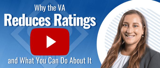 Photo of a lawyer with article title to the left: Why the VA reduces rating and what you can do about it. Youtube play button shown in the middle of photo.