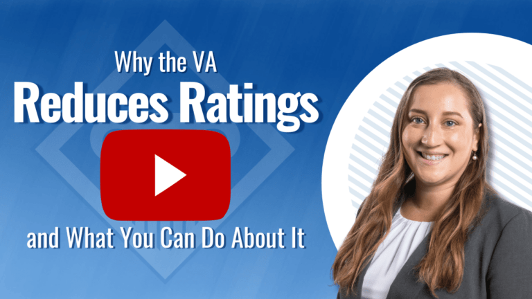 Photo of a lawyer with article title to the left: Why the VA reduces rating and what you can do about it. Youtube play button shown in the middle of photo.