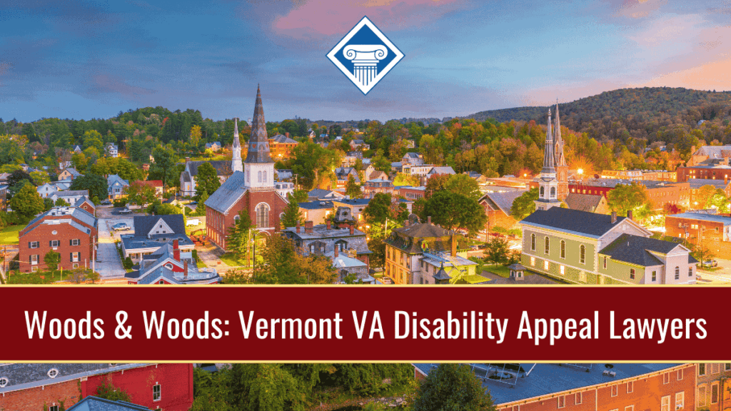 Photo of Burlington, Vermont at night with the article title across the bottom: Woods & Woods: Vermont VA Disability Appeal Lawyers