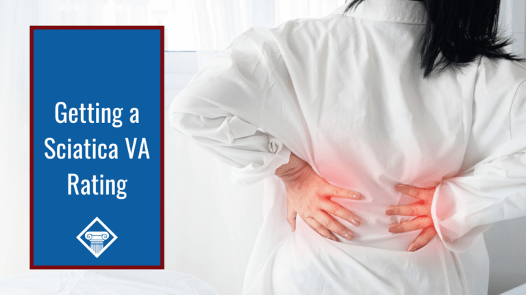 The back of a woman wearing a white button-up shirt is shown on the right side of the photo. She is holding her lower back with both hands, and red radiates from her back to indicate pain. Article title is on the left: Getting a Sciatica VA Rating.