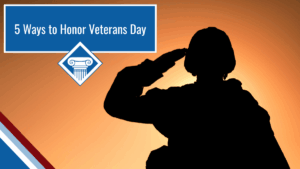 A U.S. service member is silhouetted against a sunrise, saluting. Over the image is the article title: 5 ways to honor Veterans Day