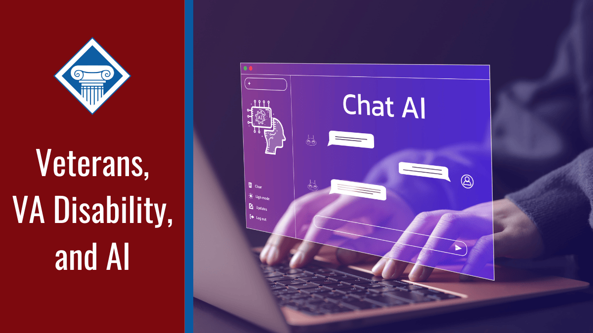 An image of a person using their computer to type to an AI chat bot. Alongside the image is a red banner reading the article title: Veterans, VA Disability, and AI