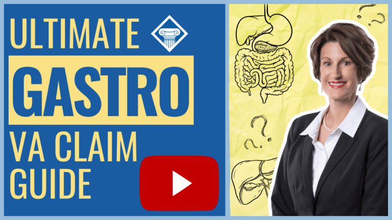 Picture of a lawyer smiling on the right side with yellow background. Article title to the left with blue background: Ultimate Gastro VA Claim Guide.