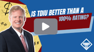 Picture of smiling man in a suit to the left. Gray Youtube play button in the middle. Article title to the side: Is TDIU Better Than a 100% Rating?