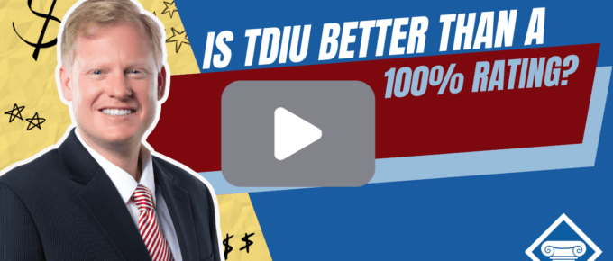 Picture of smiling man in a suit to the left. Gray Youtube play button in the middle. Article title to the side: Is TDIU Better Than a 100% Rating?