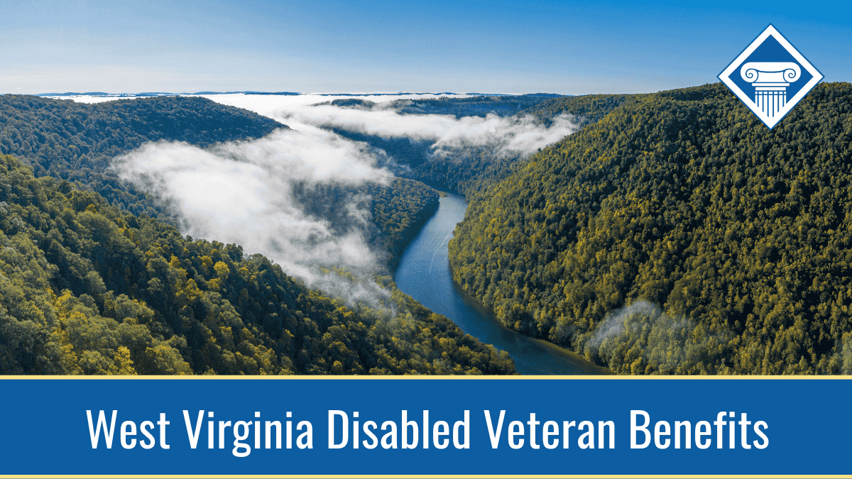 An image of Cheat River Canyon in West Virginia including a gorge and wooded hills. A blue banner along the bottom reads the article title: West Virginia disabled veteran benefits
