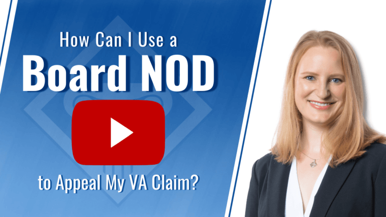 Picture of a lawyer smiling with article title to the left: How Can I Use a Board NOD to Appeal My VA Claim? Red Youtube button is also pictured on the left of the photo.