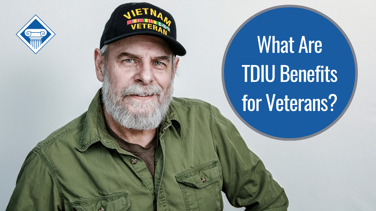 Picture of a smiling man wearing a ball cap with our title in a circle in the top right: What are TDIU Benefits for Veterans? 