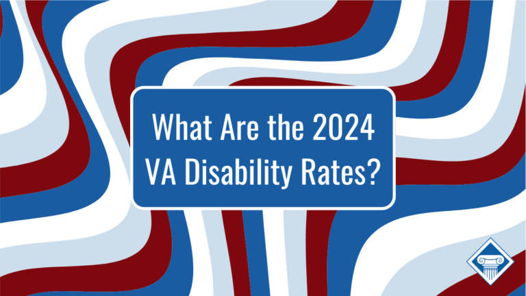 Maroon, white and blue background displays a blue box with article title: What Are the 2024 VA Disability Rates?