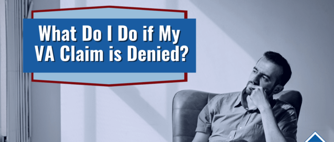 Text: What do I do if my VA claim is denied? Image: Man thinking in a chair