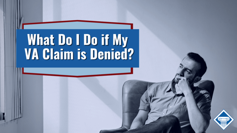 Text: What do I do if my VA claim is denied? Image: Man thinking in a chair
