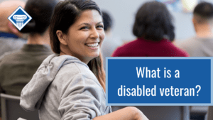Woman sitting in a row of chairs looking over her shoulder and smiling. Article title is on the right: What is a disabled veteran?