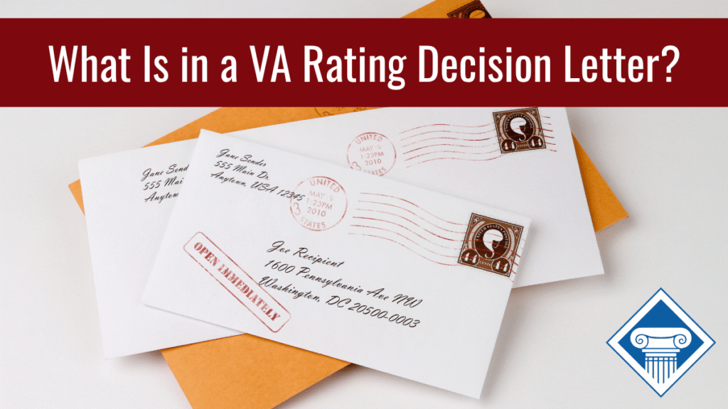 Photo of three pieces of mail sitting on top of each other. Article title is across the top in white letters against a maroon background: What is in a VA rating decision letter?