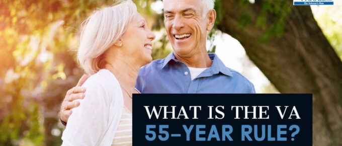 Picture of a man and woman laughing together. Article title: What is the VA 55-year Rule? is in the lower left corner.