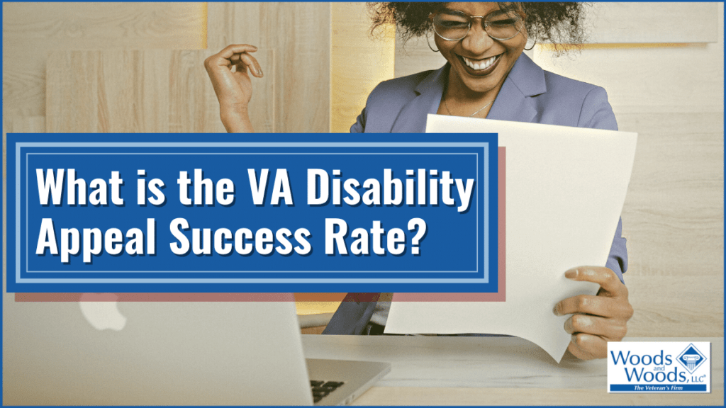 A woman looking at a paper and smiling excitedly. Over the image is a text box that says the article title: "What is the VA Disability Success Rate?"
