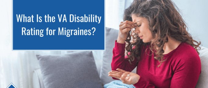 Woman with eyes closed wearing a red shirt sits on a gray couch holding a pill in one hand and squeezing the top of her nose with the other hand. Article title on the top left: What Is the Migraine VA Disability Rating?
