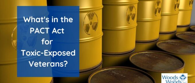 Toxic waste barrels with text overlay: "What's in the PACT Act for Toxic-Exposed Veterans?"
