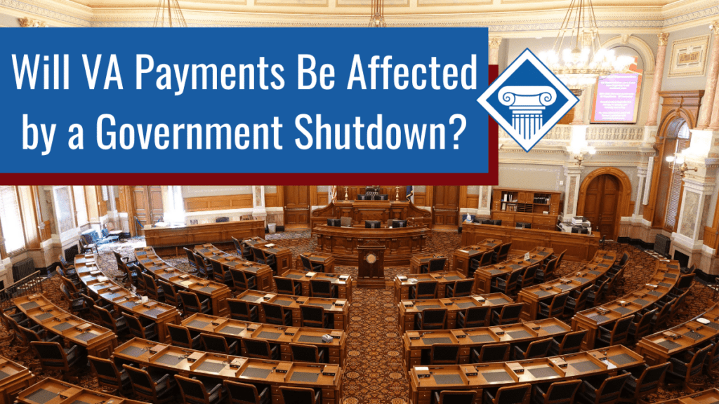 An image of the room where U.S. Congress meets. which has rows of wooden tables and seats in a semicircle. Over the image is a blue box reading the article title" Will VA payments be affected by a government shutdown?