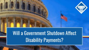 Image of the Capital building in the late evening with the American flag blowing in the wind. The title of the article, "Will a Government Shutdown Affect Disability Payments?" sits in a blue box near the bottom of the image with the Woods & Woods logo in the top, right corner.