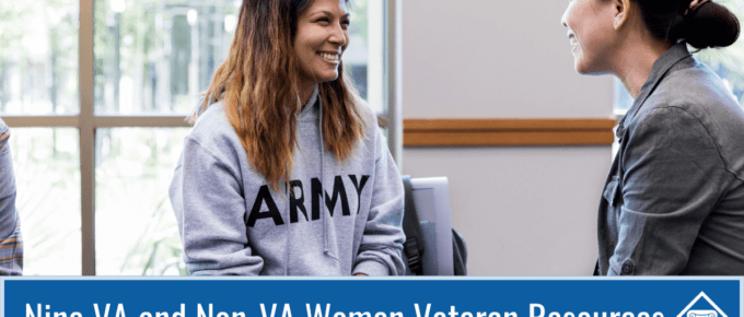Picture of a woman wearing a gray army hoodie sitting down talking to another woman with a gray shirt. Article title at the bottom: Nine VA and Non-VA Women Veteran Resources.