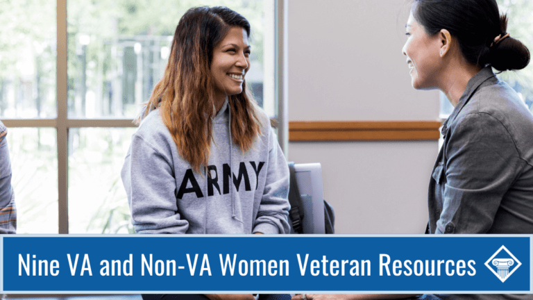 Picture of a woman wearing a gray army hoodie sitting down talking to another woman with a gray shirt. Article title at the bottom: Nine VA and Non-VA Women Veteran Resources.