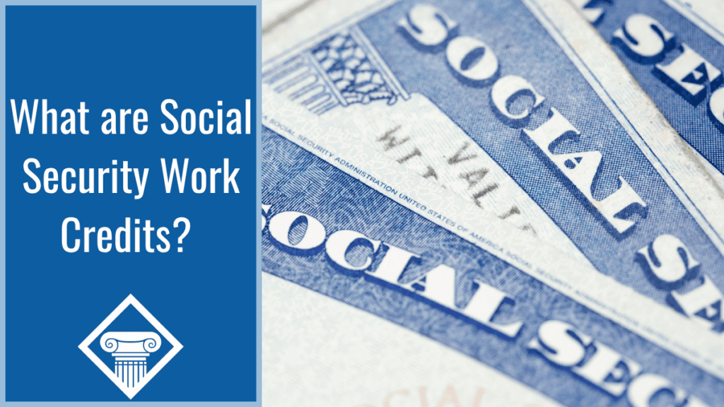 Image of U.S. Social Security cards overlapping each other. The title of the article, "What are Social Security Work Credits?" is in a blue box to the left of the image.