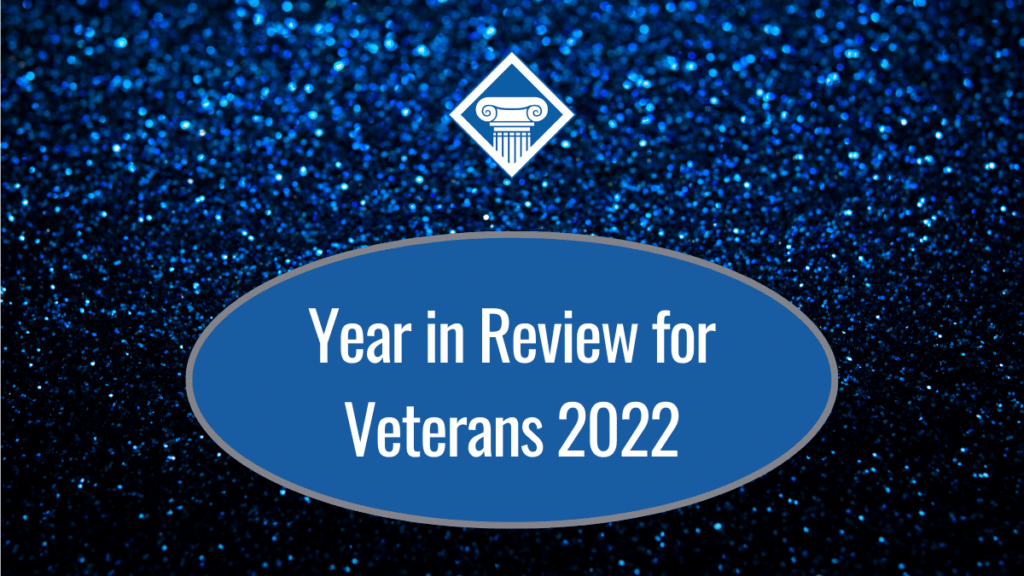 A sparkling dark blue background with our logo and a bubble that reads the article title: Year in Review for Veterans 2022