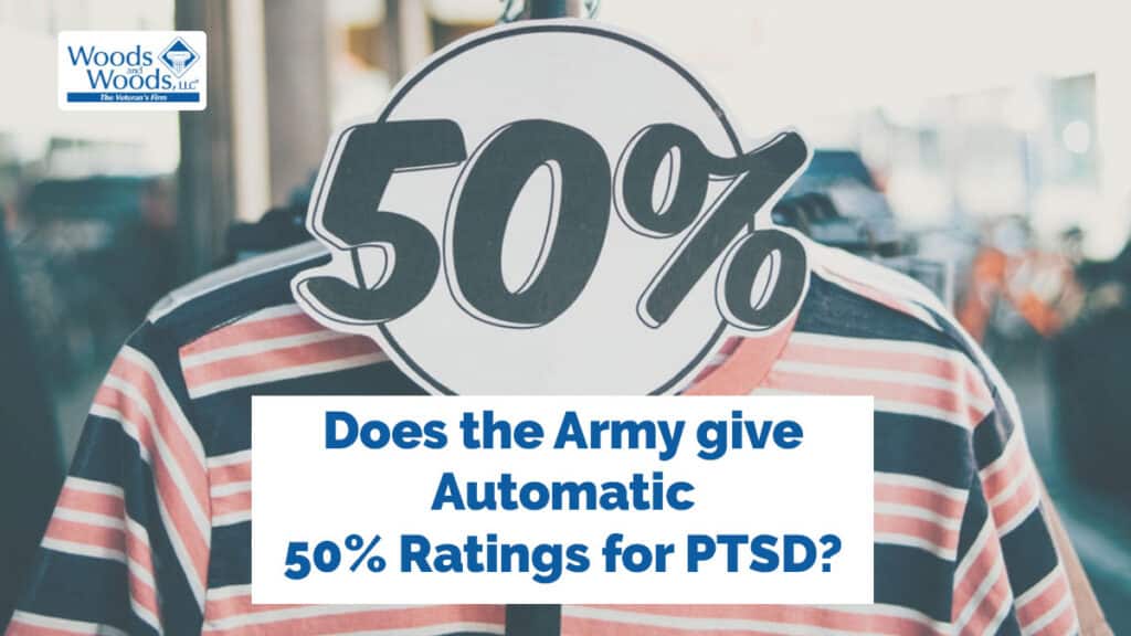 A red white and blue striped shirt on a clothing rack in a store with 50% on a sign on top of it. Our title is below: Does the Army Give Automatic 50% Ratings for PTSD?