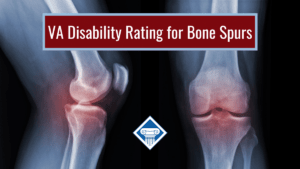 X-ray of knees with red coloring at the joints. Article title across the top: VA Disability Rating for Bone Spurs