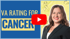 Youtube thumbnail of attorney Lori Underwood alongside the word "VA Rating for Cancer" in yellow