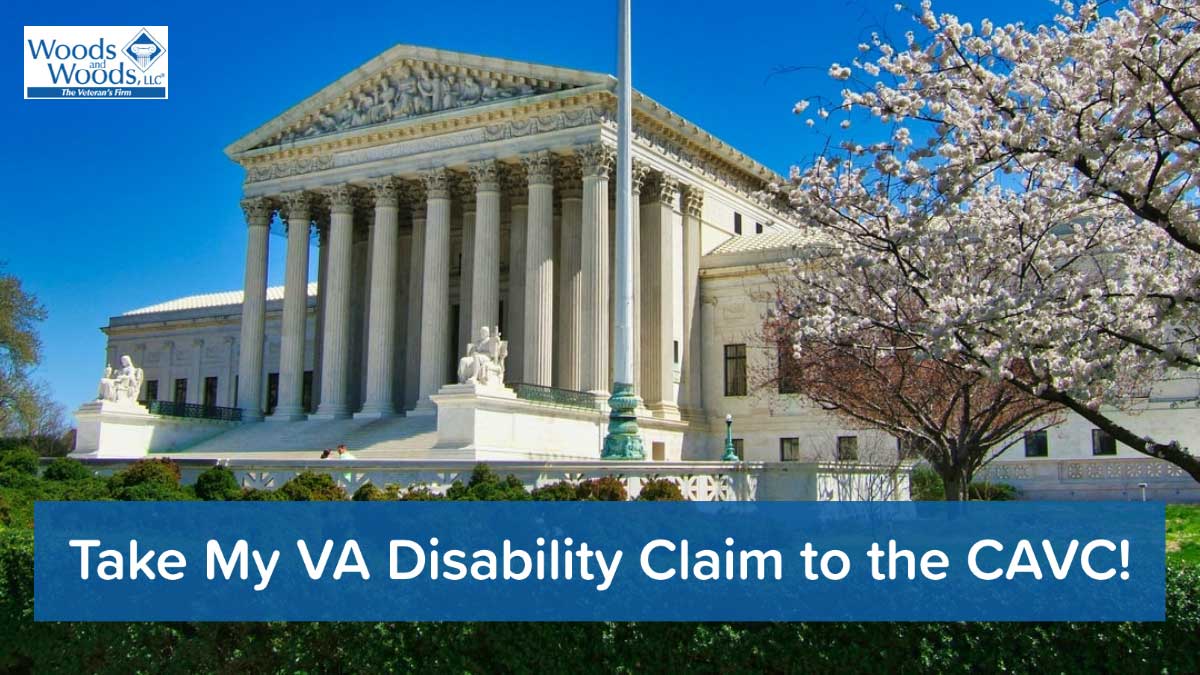 The Supreme Court of the United States building with cherry blossoms blooming out front. Our title is down at the bottom: Take My VA Disability Claim to the CAVC!