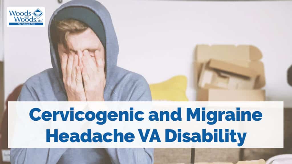 veteran sitting at work around cardboard boxes. He is wearing a hoodie and has both hands over his eyes like the light is hurting his cervicogenic or migraine headache. Our title is in front Cervicogenic and Migraine Headache VA Disability