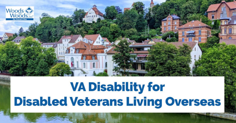 Picture of a German city along a river with our title in front of it: VA disability for disabled veterans living overseas.