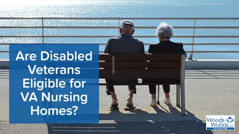 Picture of a senior citizen couple sitting on a bench overlooking the ocean. Our title is over to the left: Are Disabled Veterans Eligible for VA Nursing Homes?