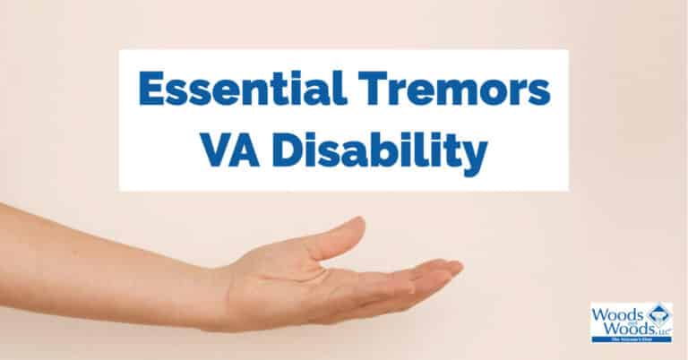 A shaky hand being held out still to test for trembling or shaking with our title over the top: Essential Tremors VA Disability