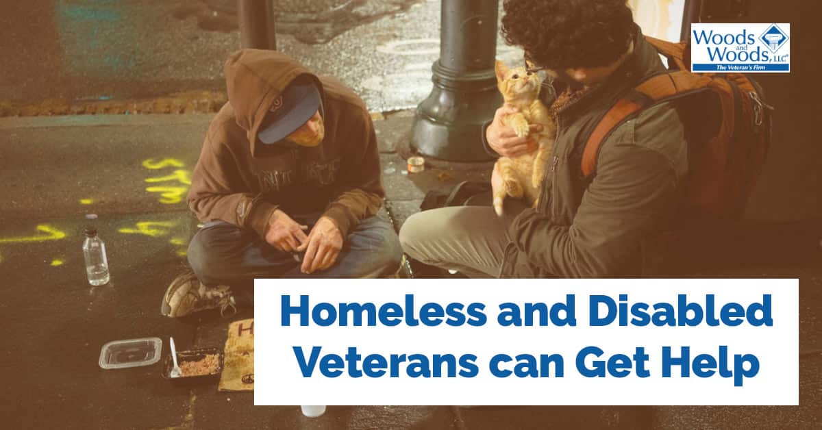 Homeless men on the street with a cardboard sign and one is holing an orange kitten. Our title is below them: Homeless and Disabled veterans can get help.